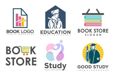 Eğitim ve öğrenim logosu seti. Okul kitabı, mezun şapkası, kitapçı ve öğrenci. Öğretmenlik sembolleri.