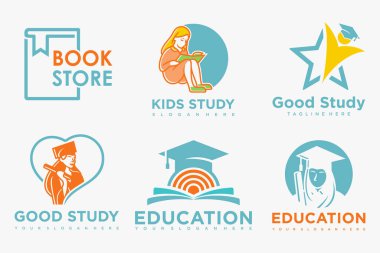 Eğitim ve öğrenim logosu seti. Okul kitabı, mezun şapkası, kitapçı ve öğrenci. Öğretmenlik sembolleri.