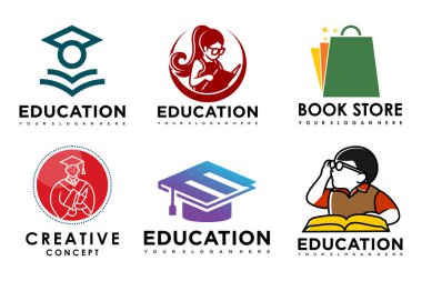 Eğitim ve öğrenim logosu seti. Okul kitabı, mezun şapkası, kitapçı ve öğrenci. Öğretmenlik sembolleri.