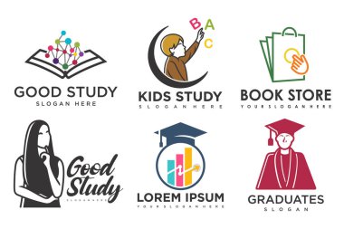Eğitim ve öğrenim logosu seti. Okul kitabı, mezun şapkası, kitapçı ve öğrenci. Öğretmenlik sembolleri.