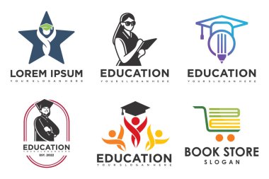 Eğitim ve öğrenim logosu seti. Okul kitabı, mezun şapkası, kalem, kitapçı ve öğrenci. Öğretmenlik sembolleri.