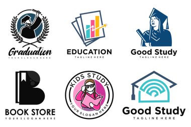 Eğitim ve öğrenim logosu seti. Okul kitabı, mezun şapkası, kitapçı ve öğrenci. Öğretmenlik sembolleri.