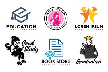 Eğitim ve öğrenim logosu seti. Okul kitabı, mezun şapkası, kitapçı ve öğrenci. Öğretmenlik sembolleri.
