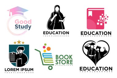 Eğitim ve öğrenim logosu seti. Okul kitabı, mezun şapkası, kitapçı ve öğrenci. Öğretmenlik sembolleri.