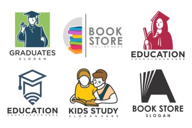 Eğitim ve öğrenim logosu seti. Okul kitabı, mezun şapkası, kitapçı ve öğrenci. Öğretmenlik sembolleri.