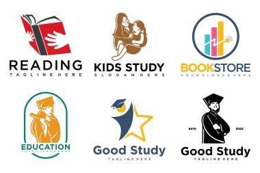 Eğitim ve öğrenim logosu seti. Okul kitabı, mezun şapkası, kitapçı ve öğrenci. Öğretmenlik sembolleri.