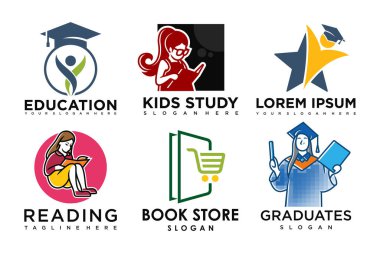 Eğitim ve öğrenim logosu seti. Okul kitabı, mezun şapkası, kitapçı ve öğrenci. Öğretmenlik sembolleri.