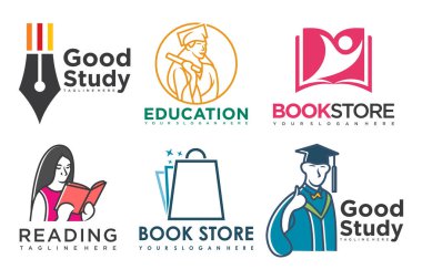 Eğitim ve öğrenim logosu seti. Okul kitabı, mezun şapkası, kalem, kitapçı ve öğrenci. Öğretmenlik sembolleri.