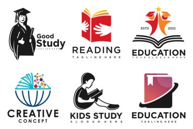 Eğitim ve öğrenim logosu seti. Okul kitabı, mezun şapkası, kelime, kitapçı ve öğrenci. Semboller öğretiyorum.