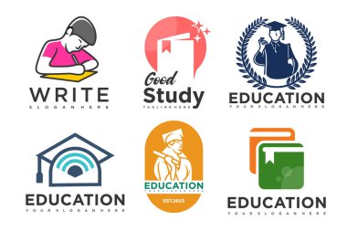 Eğitim ve öğrenim logosu seti. Okul kitabı, mezun şapkası, kitapçı ve öğrenci. Öğretmenlik sembolleri.