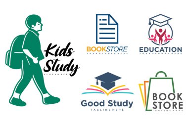 Eğitim ve öğrenim logosu seti. Okul kitabı, mezun şapkası, kitapçı ve öğrenci. Öğretmenlik sembolleri.