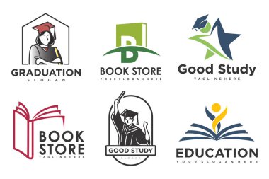 Eğitim ve öğrenim logosu seti. Okul kitabı, mezun şapkası, kitapçı ve öğrenci. Öğretmenlik sembolleri.