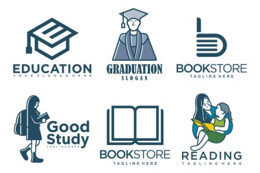 Eğitim ve öğrenim logosu seti. Okul kitabı, mezun şapkası, kitapçı ve öğrenci. Öğretmenlik sembolleri.
