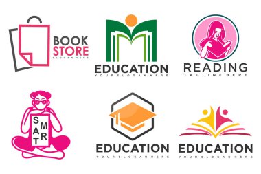Eğitim ve öğrenim logosu seti. Okul kitabı, mezun şapkası, kitapçı ve öğrenci. Öğretmenlik sembolleri.