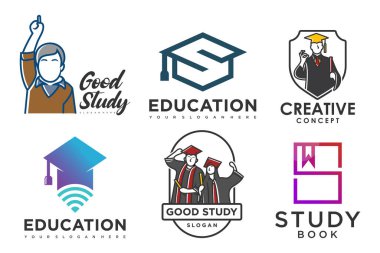Eğitim ve öğrenim logosu seti. Okul kitabı, mezun şapkası, kalem, kitapçı ve öğrenci. Öğretmenlik sembolleri.