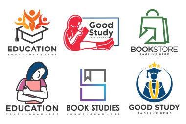 Eğitim ve öğrenim logosu seti. Okul kitabı, mezun şapkası, kitapçı ve öğrenci. Öğretmenlik sembolleri.