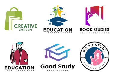 Eğitim ve öğrenim logosu seti. Okul kitabı, mezun şapkası, kitapçı ve öğrenci. Öğretmenlik sembolleri.