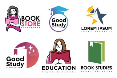 Eğitim ve öğrenim logosu seti. Okul kitabı, mezun şapkası, kitapçı ve öğrenci. Öğretmenlik sembolleri.