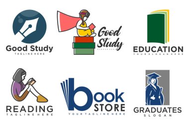 Eğitim ve öğrenim logosu seti. Okul kitabı, mezun şapkası, kalem, kitapçı ve öğrenci. Öğretmenlik sembolleri.