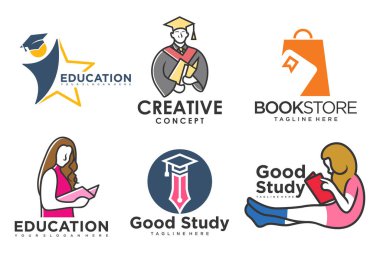Eğitim ve öğrenim logosu seti. Okul kitabı, mezun şapkası, kalem, kitapçı ve öğrenci. Öğretmenlik sembolleri.