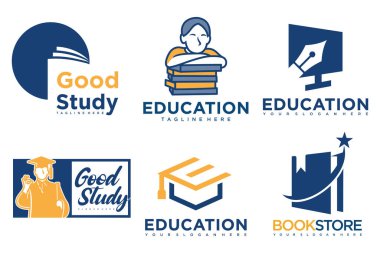 Eğitim ve öğrenim logosu seti. Okul kitabı, mezun şapkası, kalem, kitapçı ve öğrenci. Öğretmenlik sembolleri.