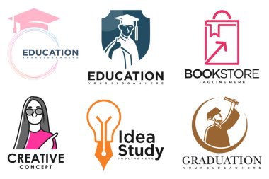 Eğitim ve öğrenim logosu seti. Okul kitabı, mezuniyet şapkası, lamba, kitapçı ve öğrenci. Öğretmenlik sembolleri.