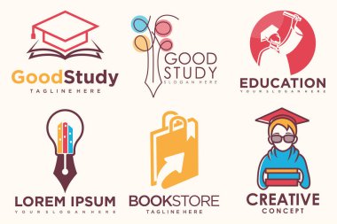 Eğitim ve öğrenim logosu seti. Okul kitabı, mezun şapkası, kalem, kitapçı ve öğrenci. Öğretmenlik sembolleri.
