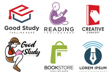 Eğitim ve öğrenim logosu seti. Okul kitabı, mezun şapkası, kalem, kitapçı ve öğrenci. Öğretmenlik sembolleri.
