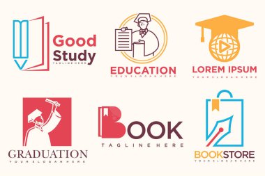 Eğitim ve öğrenim logosu seti. Okul kitabı, mezun şapkası, kitapçı ve öğrenci. Öğretmenlik sembolleri.