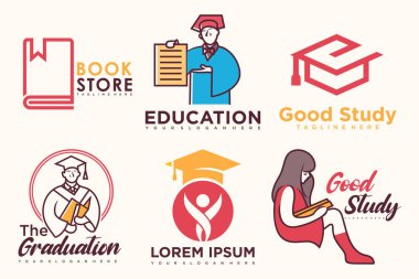 Eğitim ve öğrenim logosu seti. Okul kitabı, mezun şapkası, kitapçı ve öğrenci. Öğretmenlik sembolleri.