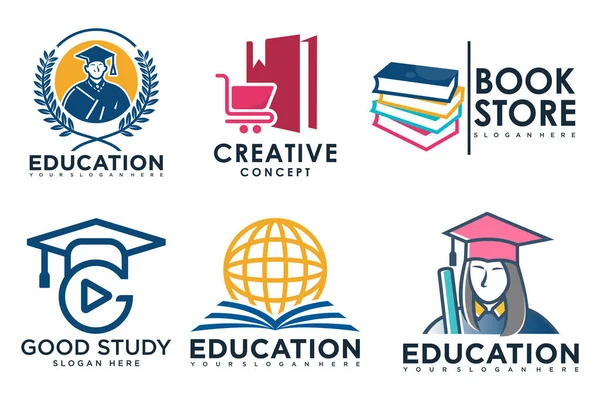 Eğitim ve öğrenim logosu, üniversite ve okul kitabı, mezuniyet şapkası ve öğrenci.