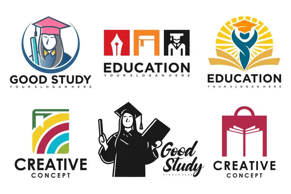 Eğitim ve öğrenim logosu seti. Okul kitabı, kalem, mezun şapkası, kitapçı ve öğrenci. Öğretmenlik sembolleri.