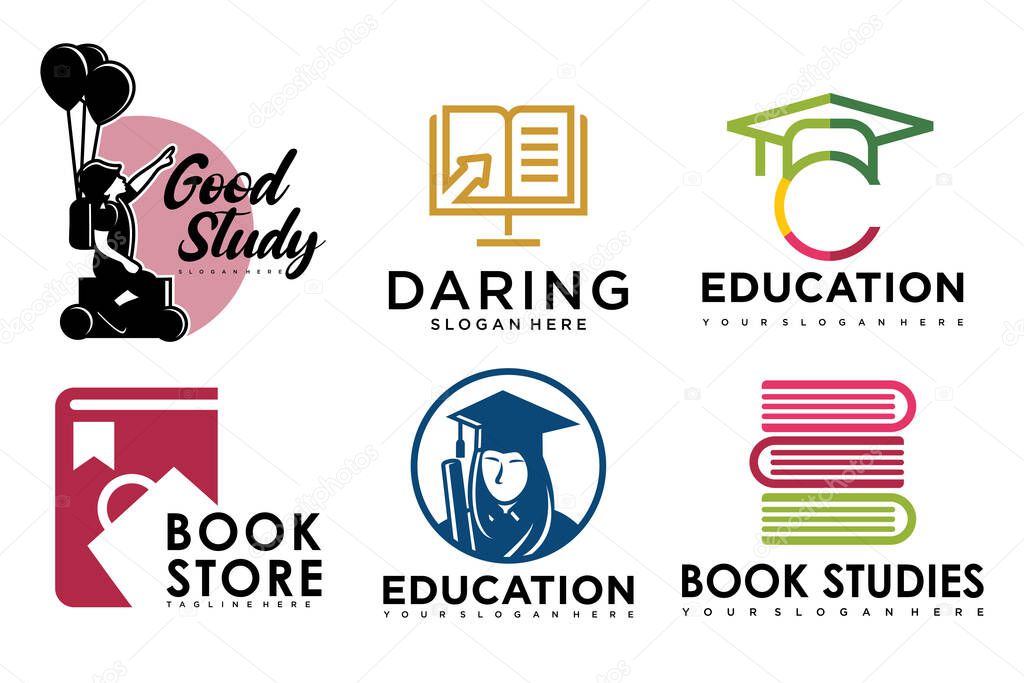 Education and learn logo set.school book,graduate hat,book store and student.Teaching symbols