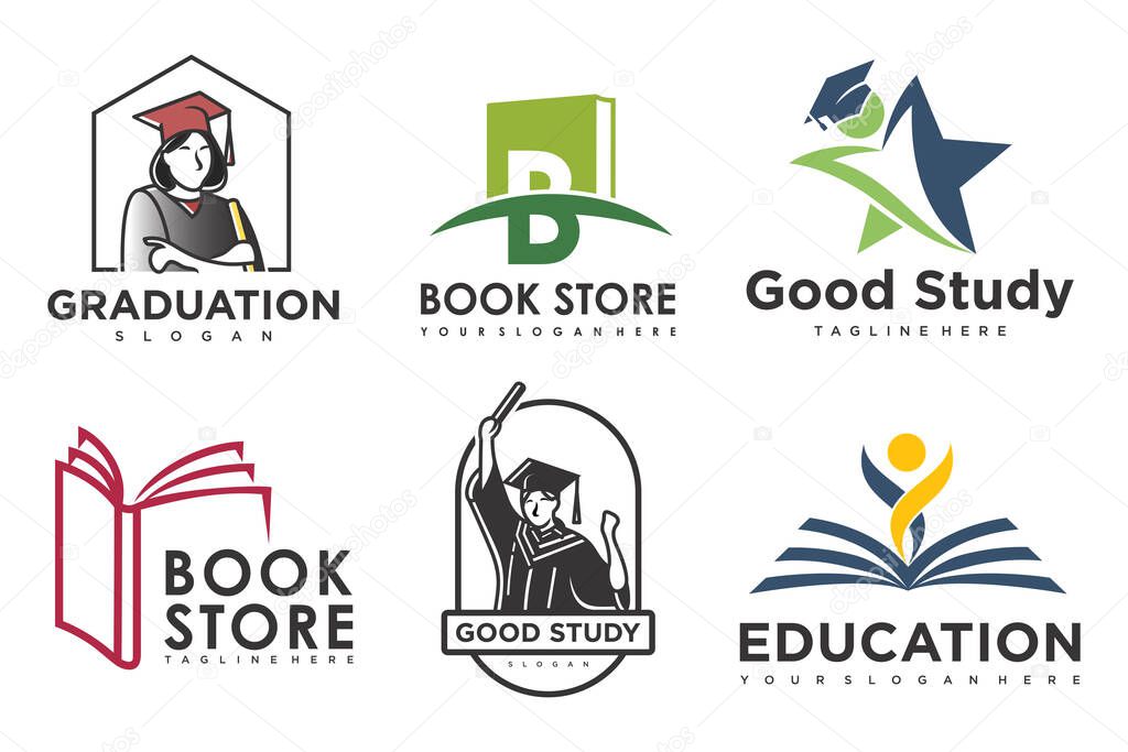 Education and learn logo set.school book,graduate hat,book store and student.Teaching symbols