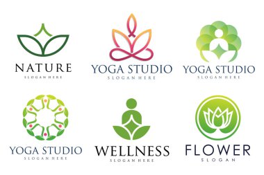 Yoga, Zen, Spa ve Meditasyon logoları, simgeler ve elementler koleksiyonu. Tarz minimalisti. Vektör tasarımı