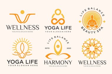 Yoga, Zen, Spa ve Meditasyon logoları, simgeler ve elementler koleksiyonu. Tarz minimalisti. Vektör tasarımı