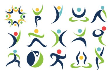 Yoga logosu koleksiyonu. Yoganın çeşitli pozları. Yoga egzersizleri. Yoga stüdyosu için tasarım .