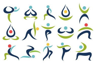 Yoga logosu koleksiyonu. Yoganın çeşitli pozları. Yoga egzersizleri. Yoga stüdyosu için tasarım .