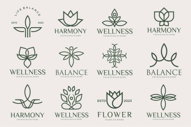 Yoga, Zen ve Meditasyon logoları, doğrusal simgeler ve elementler koleksiyonu. Stil minimalisti. Vektör tasarımı