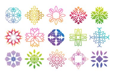 Çiçek süsü logosu ve simge seti. Soyut güzellik mandala çiçek logosu koleksiyonu.