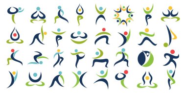 Yoga logosu koleksiyonu. Yoganın çeşitli pozları. Yoga egzersizleri. Yoga stüdyosu için tasarım. Lüks logolar..