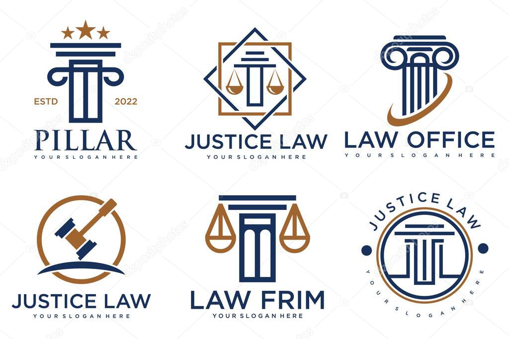 Law office logos set with scales of justice, gavel etc illustrations.