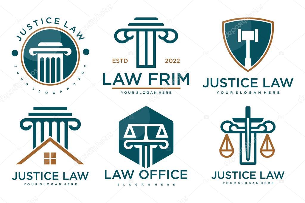 Law office logos set with scales of justice, gavel etc illustrations.