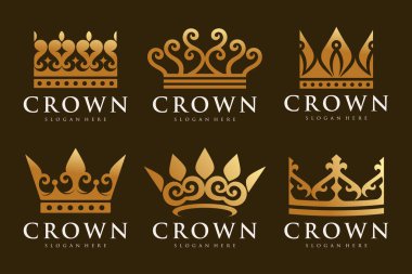 Altın kaplama logo tasarım vektörü. Kraliçe ve kral için zarif taclar.