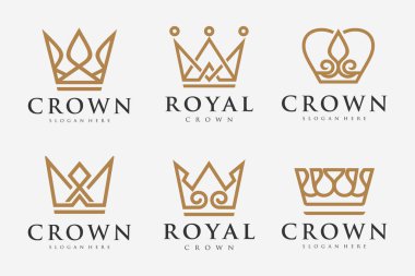 Doğrusal taç simgeleri seti. Kraliyet, lüks sembol. Kral, kraliçe soyut geometrik logo tasarım vektörü .