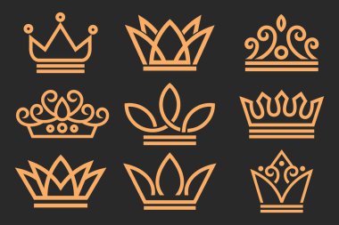 Doğrusal taç simgeleri seti. Kraliyet, lüks sembol. Kral, kraliçe soyut geometrik logo tasarım vektörü .