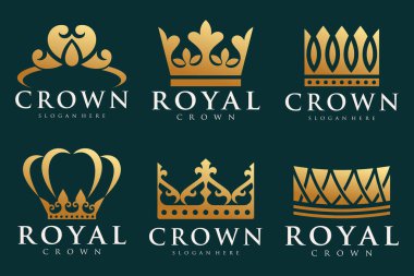 Crown logo tasarım vektörü seti. Kraliçe ve kral için zarif taclar.