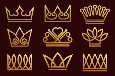 Crown logo tasarım vektörü seti. Kraliçe ve kral için zarif taclar.