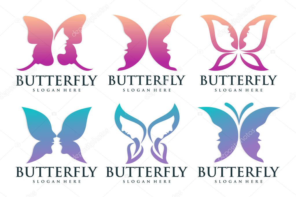 Beauty icon set logo design .Woman face in butterfly wings shape. Vector illustration