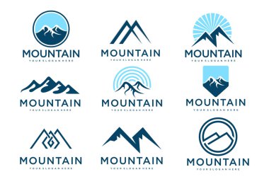 Dağ logosu seti. Taşlar ve tepeler logo tasarım elementleri. Vektör illüstrasyonu